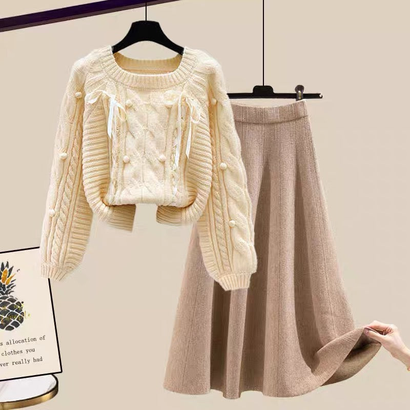 Winter gentle wear with sweater and skirt two-piece set for women