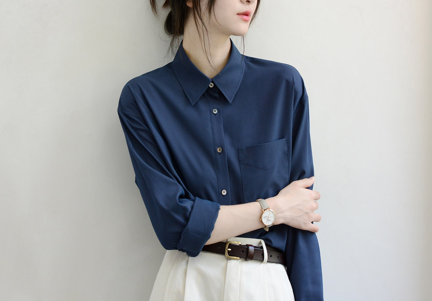 TRR high-end light luxury dark blue lapel long-sleeved loose shirt women's big mouth lazy ol commuter temperament top