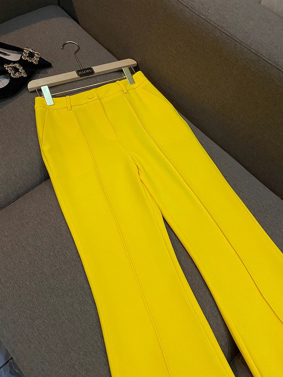 Summer new lemon yellow business wear fashion cloth buckle mid-length suit flared pants suit two-piece