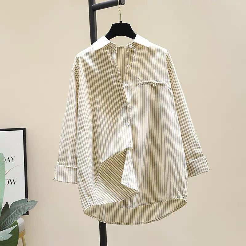 Yellow striped lapel shirt women's 2022 early autumn new Korean version loose casual long-sleeved shirt sunscreen shirt top