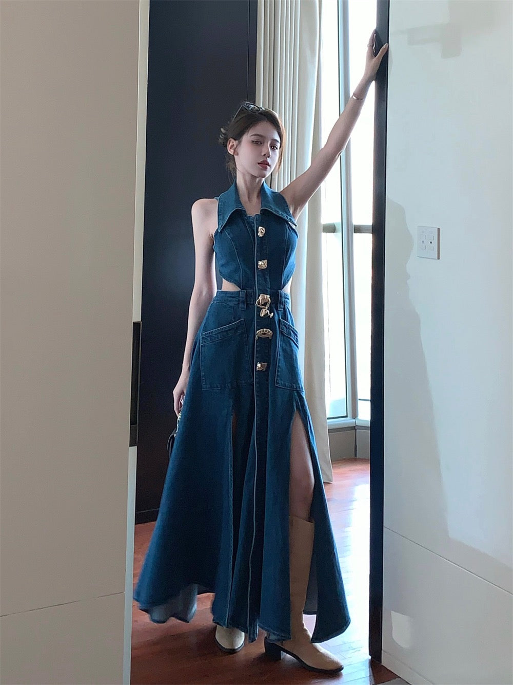 Spice Girl Retro Lapel Denim Dress Female Spring Temperament Hollow Slit Skirt A-Line Advanced Sense Mid-Length Dress