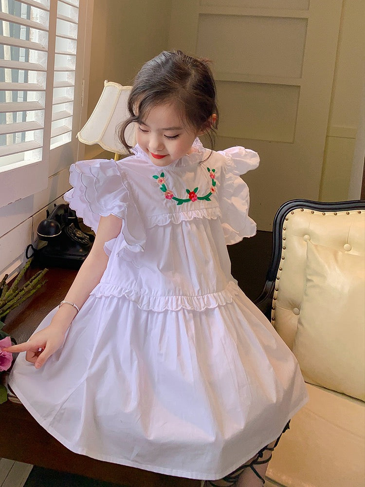 Original Girls White Dress Summer Dress New Small Flying Sleeve Skirt Children's Western Style Embroidered Little Girl Princess Dress