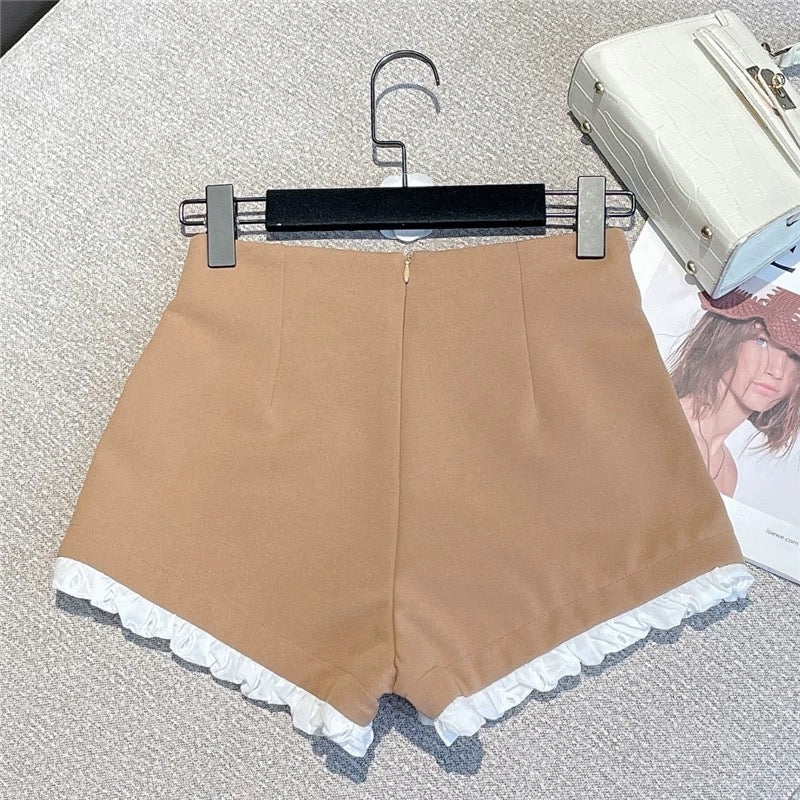 2022 summer new French style sweet contrasting color lace wrapping slim fit suit high waist hot pants shorts 1625