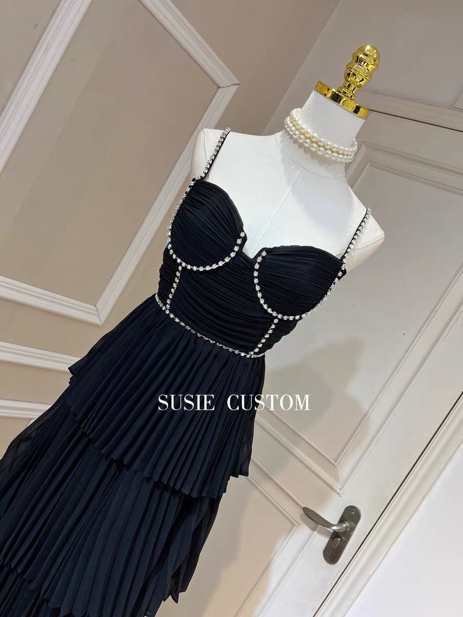 High custom heavy industry rhinestone chain fishbone three-dimensional chest shape slim waist pleated cake suspender long skirt little black dress