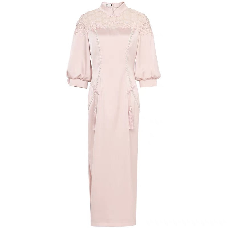 Summer women's clothing 2022 new temperament stand collar lantern sleeves slim waist and thin cheongsam dress long skirt skirt