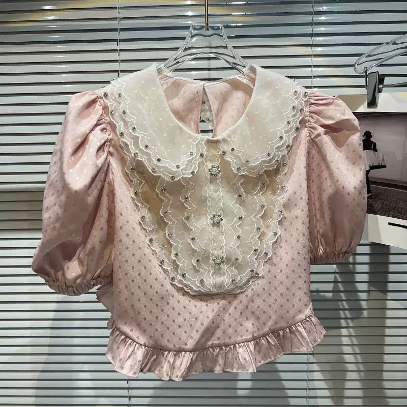Net red with the same paragraph 2022 summer new small fragrant feng shui diamond nail beads palace neckline short-sleeved chiffon shirt shirt women