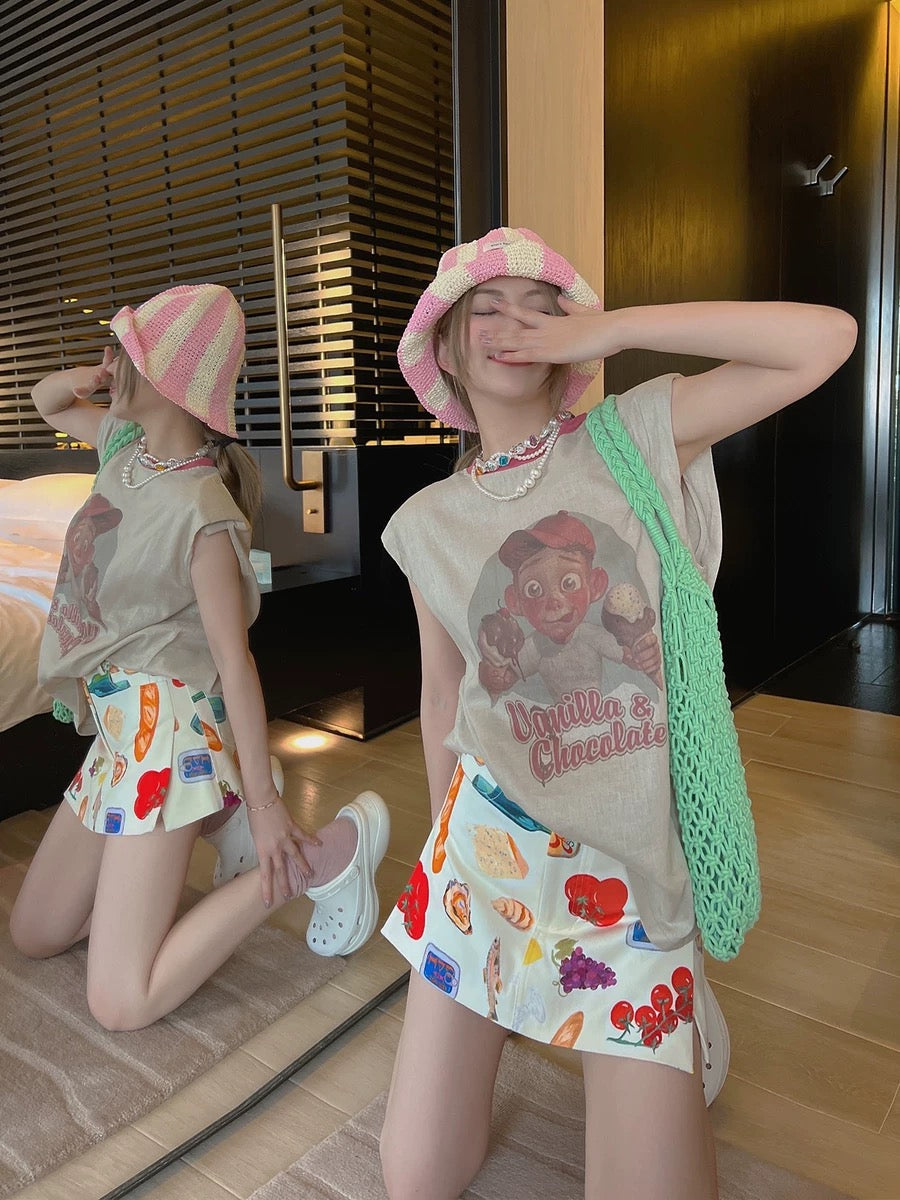 Thebestxue split denim skirt high waist fruit pattern culottes 2022 summer new all-match hakama