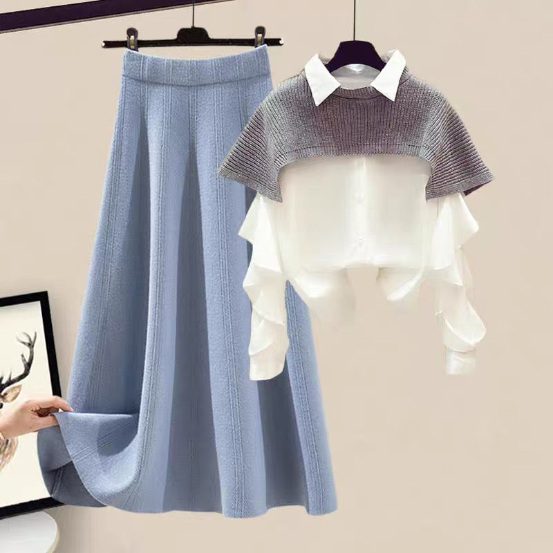 Autumn temperament shirt shawl sweater collocation skirt skirt celebrity small fragrance suit female spring and autumn two-piece suit 1882