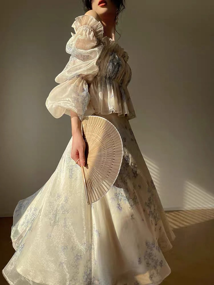 Aconiconi|Cyan smoke jade color French sweet and chic short top gentle temperament elegant skirt suit