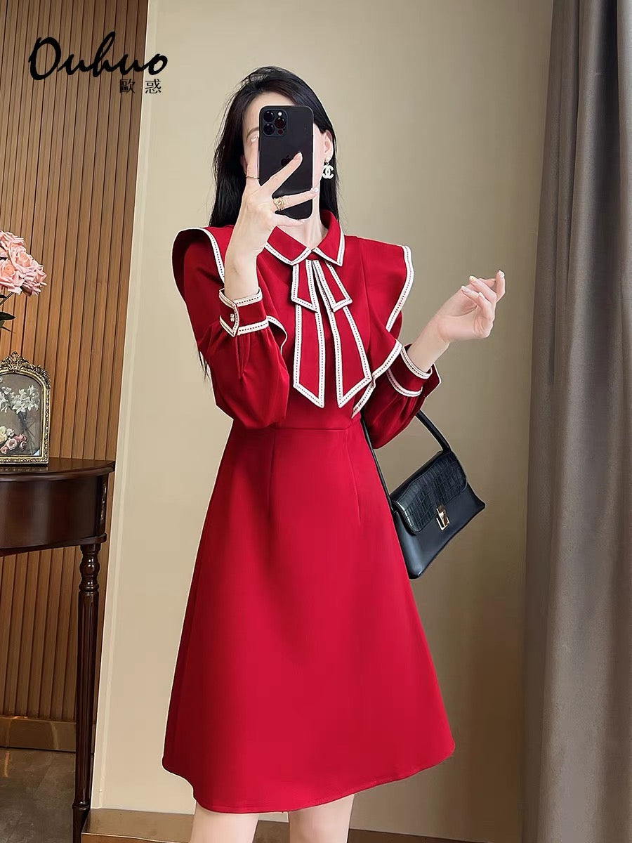 2022 autumn new women's red temperament slim slim long-sleeved high-end ladies waist French dress