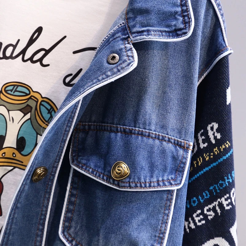 Letter sweater stitching design sense denim jacket women's autumn and winter 2022 new loose fashion all-match age-reducing top