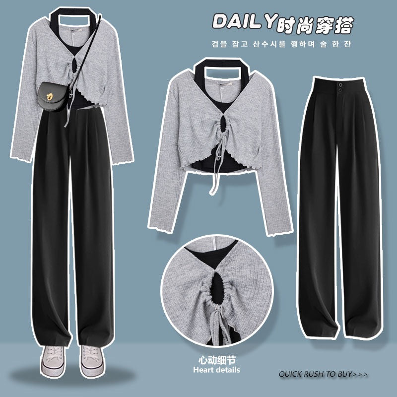 2023 sweet and spicy suspender top two-piece suit three autumn clothes with a whole set of women's royal sister light and familiar style suit pants