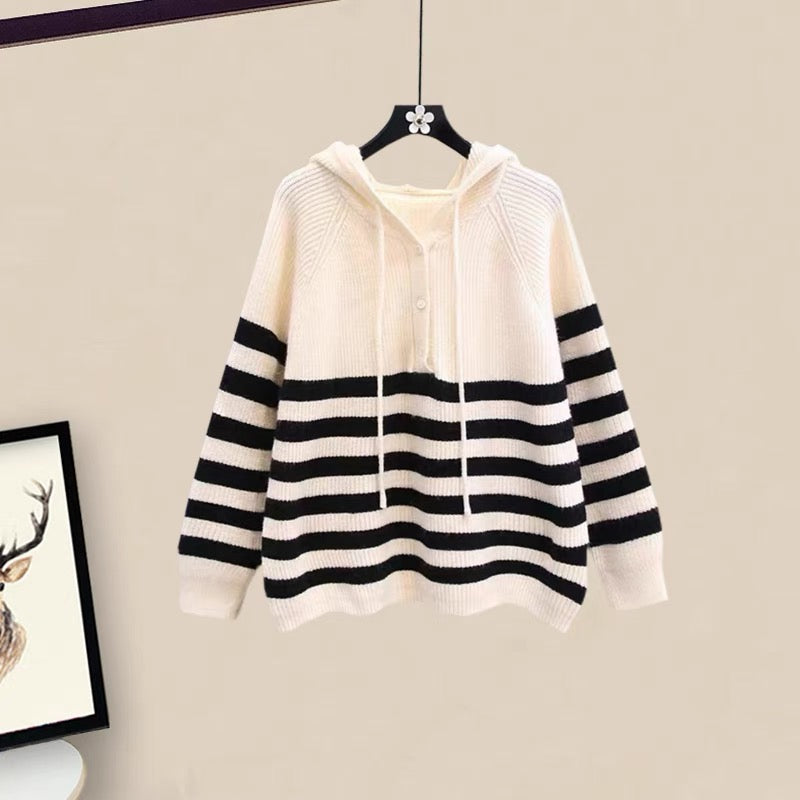 Autumn Japanese all-match hooded striped sweater sports casual pants suit autumn 2022 new women's two-piece suit