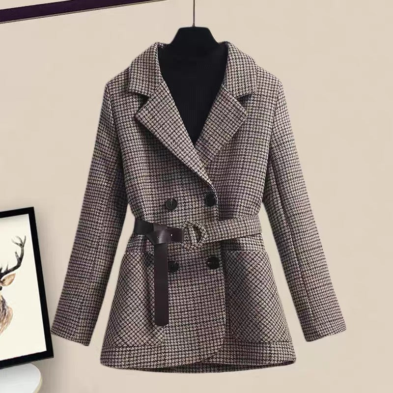 Winter Hong Kong style ladies Xiaoxiang style woolen coat knitted sweater pants wide-leg pants woolen pants suit women