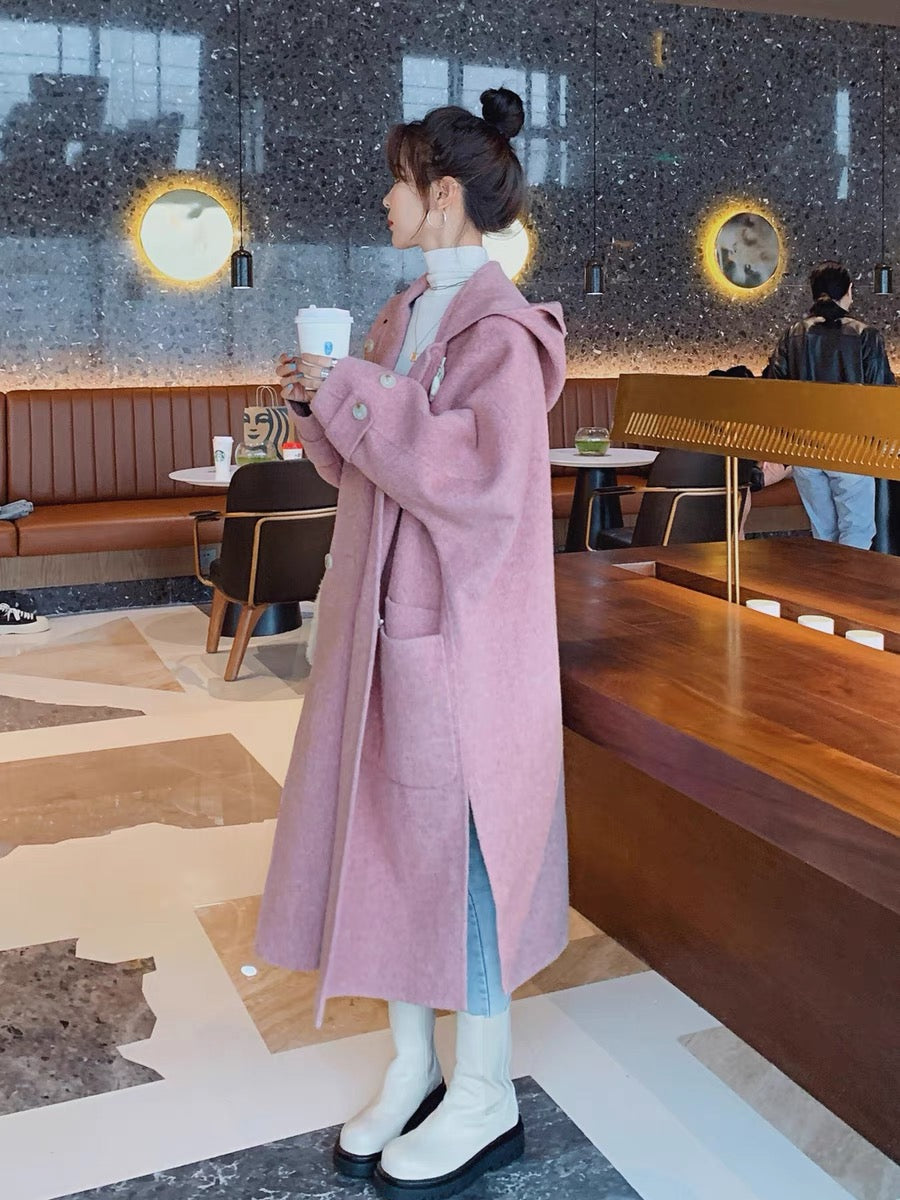 Pink cocoon-shaped woolen coat women's autumn and winter mid-length 2022 new Hepburn style fashion temperament woolen coat
