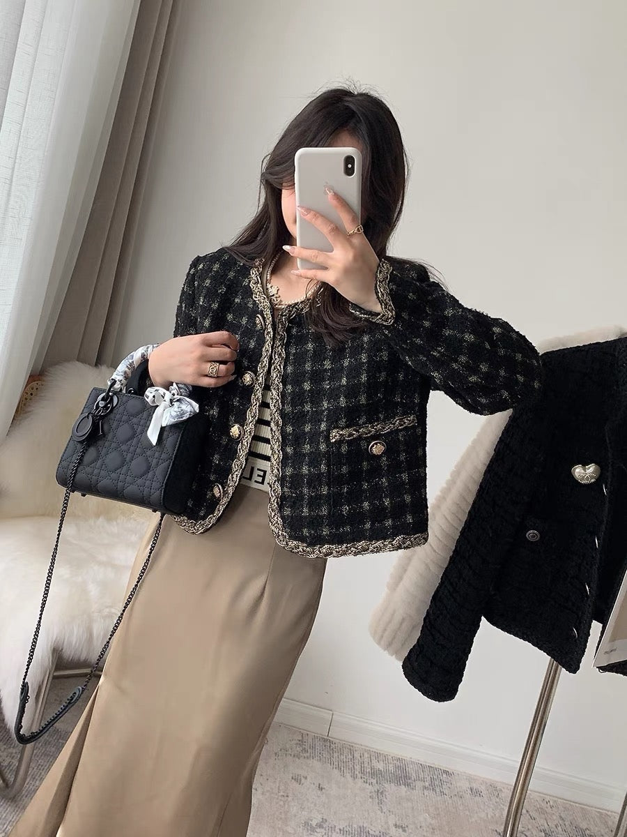 CHICROOM tweed short coat women's 2022 autumn and winter new black plaid small fragrance coat top