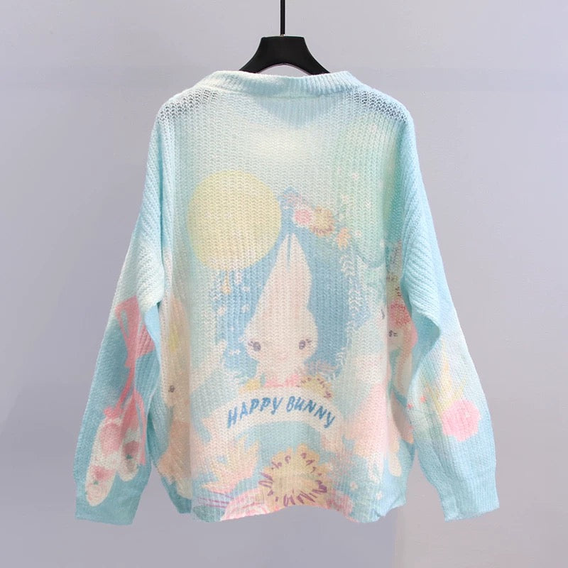 Japanese sweet cartoon print sweater women's 2022 early autumn new loose design long-sleeved hollow sweater