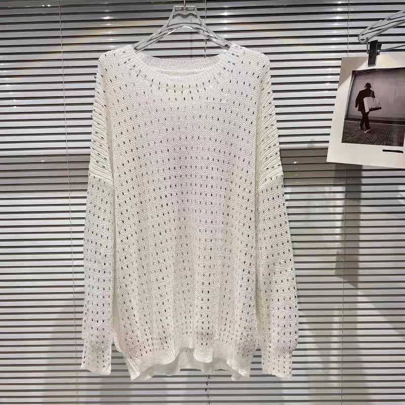 Net red with the same paragraph 2022 autumn new small fragrance particles rhinestone hot drill heavy industry knitted sweater loose sweater women