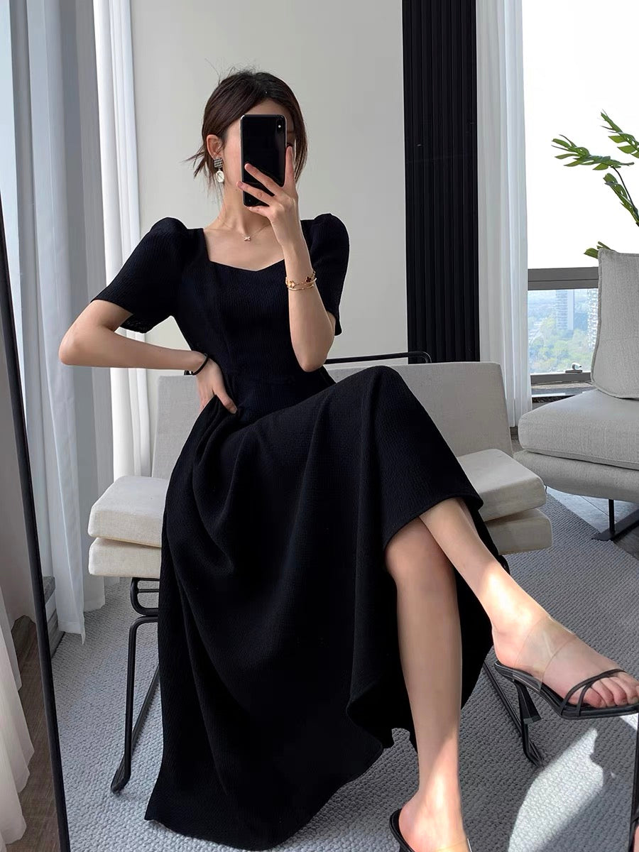 FT GUOGE black dress 2022 summer new square collar slim temperament goddess fan puff sleeves little black dress