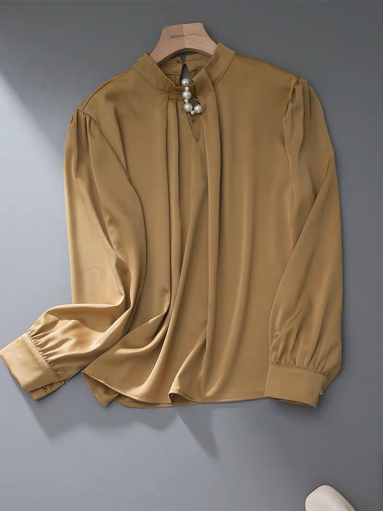 Draping satin pleated niche stand-up collar shirt women 2023 spring and summer new temperament lantern sleeve high-end shirt