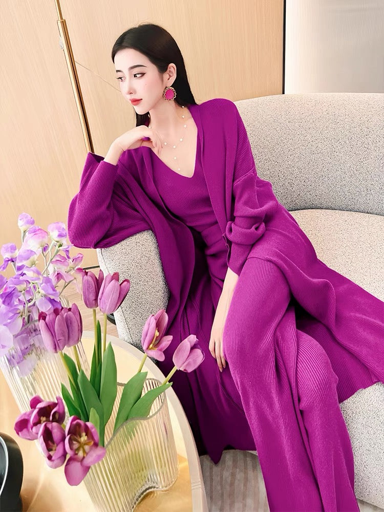 Feijie customized lazy style knitted suit 2022 autumn and winter new long coat high waist wide leg pants three-piece suit
