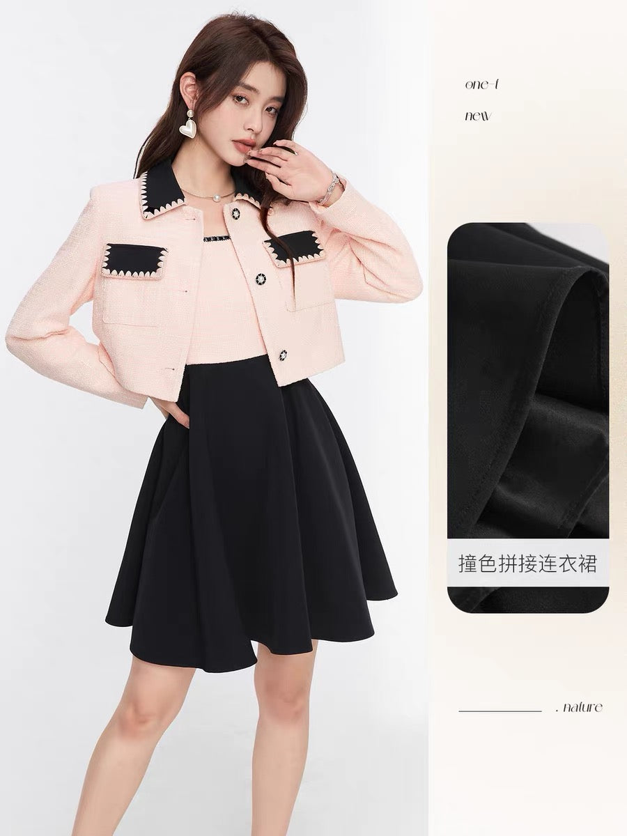 Fantu light luxury color contrast short coat + A-line suspender skirt suit 2022 autumn new style woolen women's clothing that covers the flesh and shows thinness