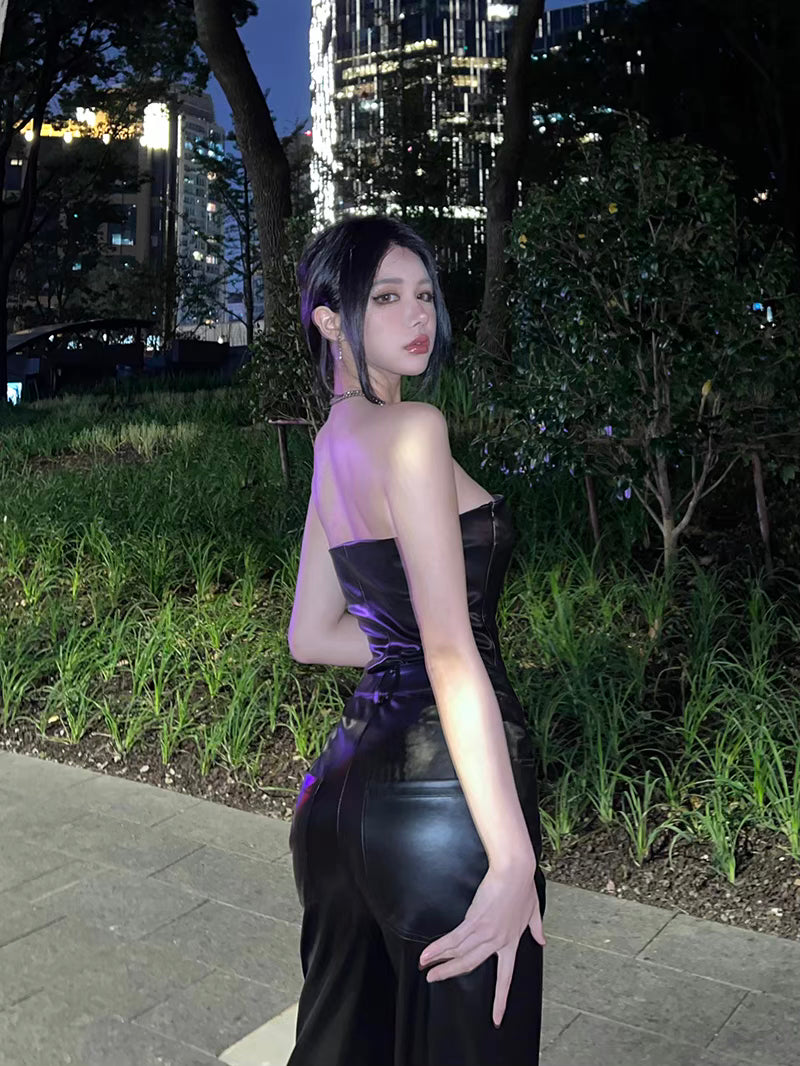 Yuanyuan sauce SAYUKI.Y black slim pu leather straight leather pants with tube top top 1162