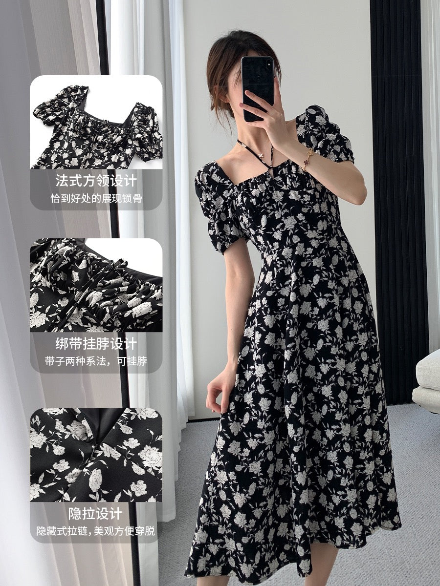 Guoge custom black floral dress female 2022 summer new high-end French temperament square collar long skirt