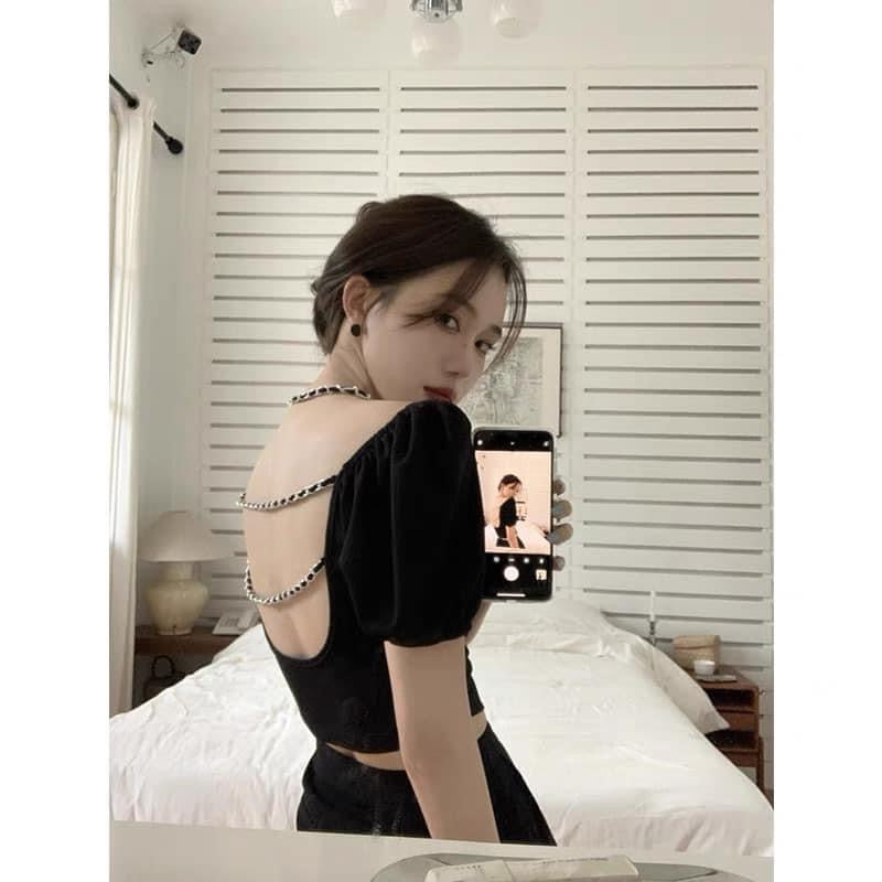 2828 Puff sleeve halter neck T-shirt women's ins trendy summer irregular black backless sexy chain slim short top