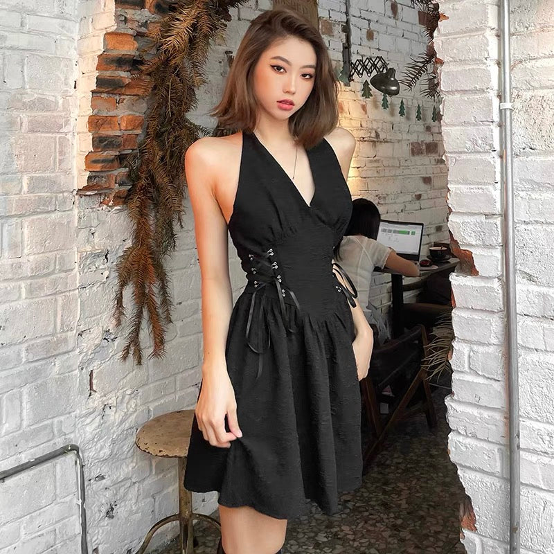 #Sisjuly# European and American style light mature woman fan lace waist sexy halter neck suspender skirt female fluffy dress