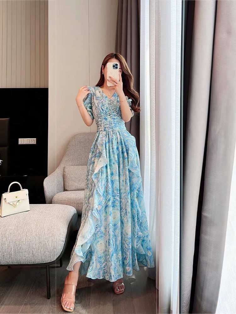 Miss Dong high-end customized summer women's clothing 2022 new high-end sense Van Gogh starry sky oil painting French dress