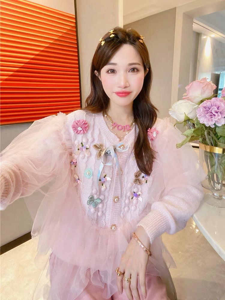 JENNIFER JXLIU Korea Dongdaemun Winter Fairy Pink Mesh Small Flower Slim Fit Knit Sweater