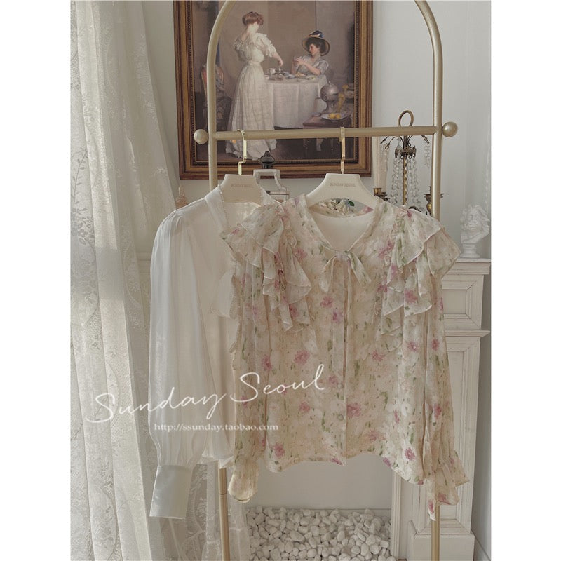 SUNDAY SEOUL "Tea Bouquet" Loose French Floral Top V-neck Ruffle Tie Shirt Women