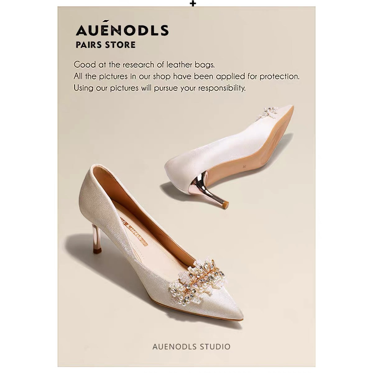 AUENODLS beige word pearl pointed high-heeled shoes high-end French stiletto wedding shoes main wedding dress girl