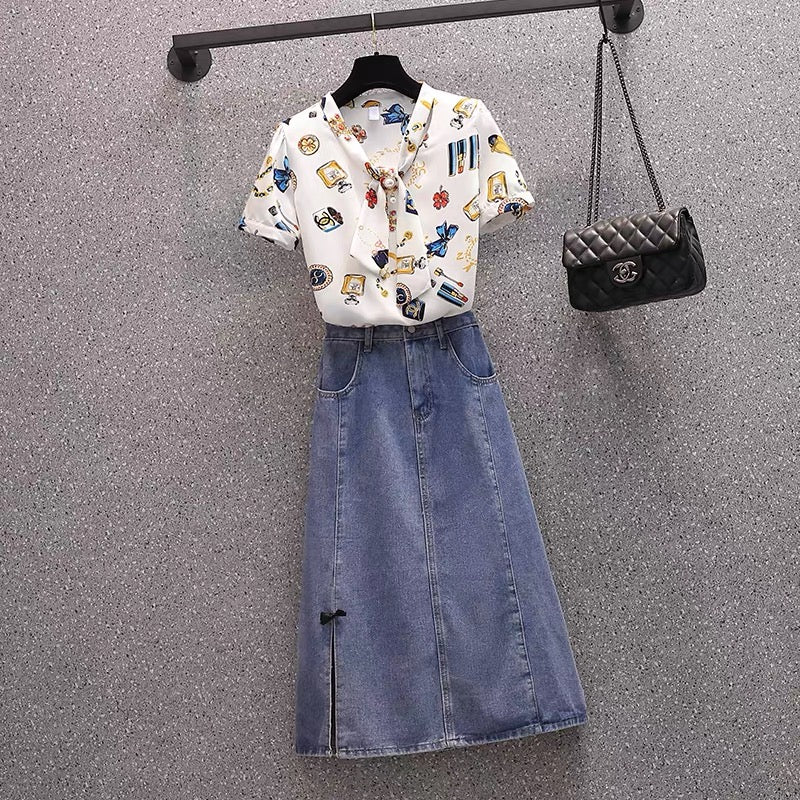 2021 summer new - fat MM large size chiffon top denim bow skirt