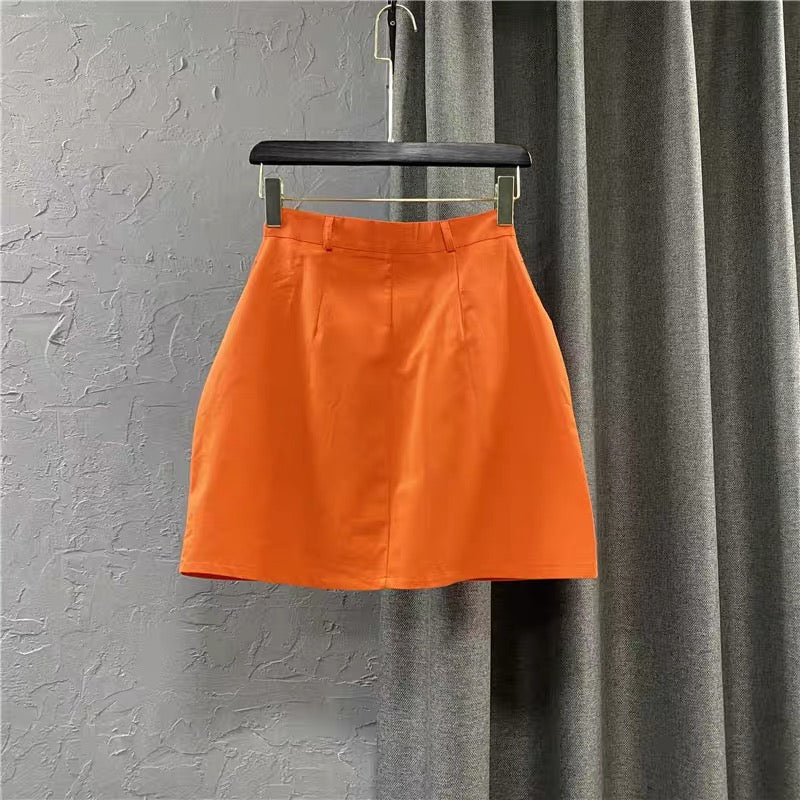 Korean version of women's clothing 2022 autumn new self-cultivation high-waist A-line short skirt orange casual single-breasted denim skirt W141