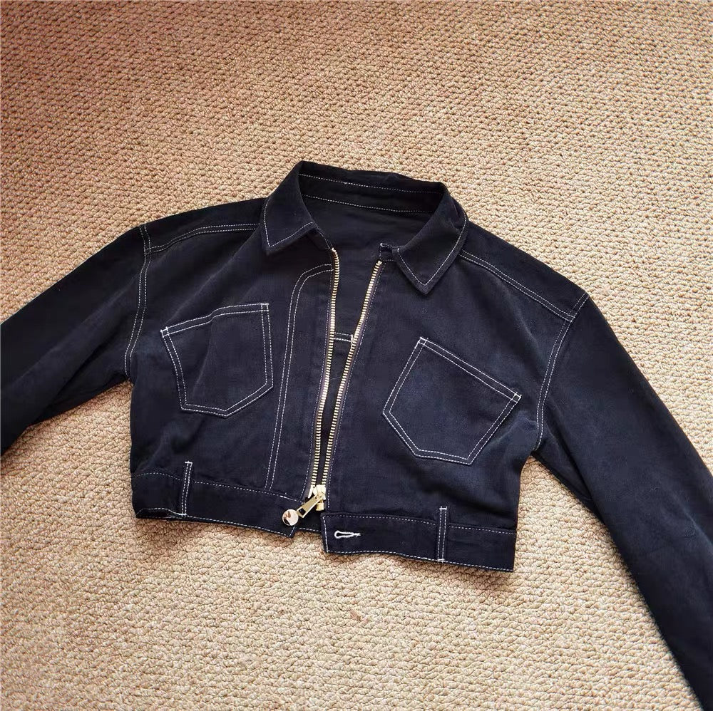 SUP American retro black top line hot girl zipper high waist short loose denim jacket long sleeve top women 2939
