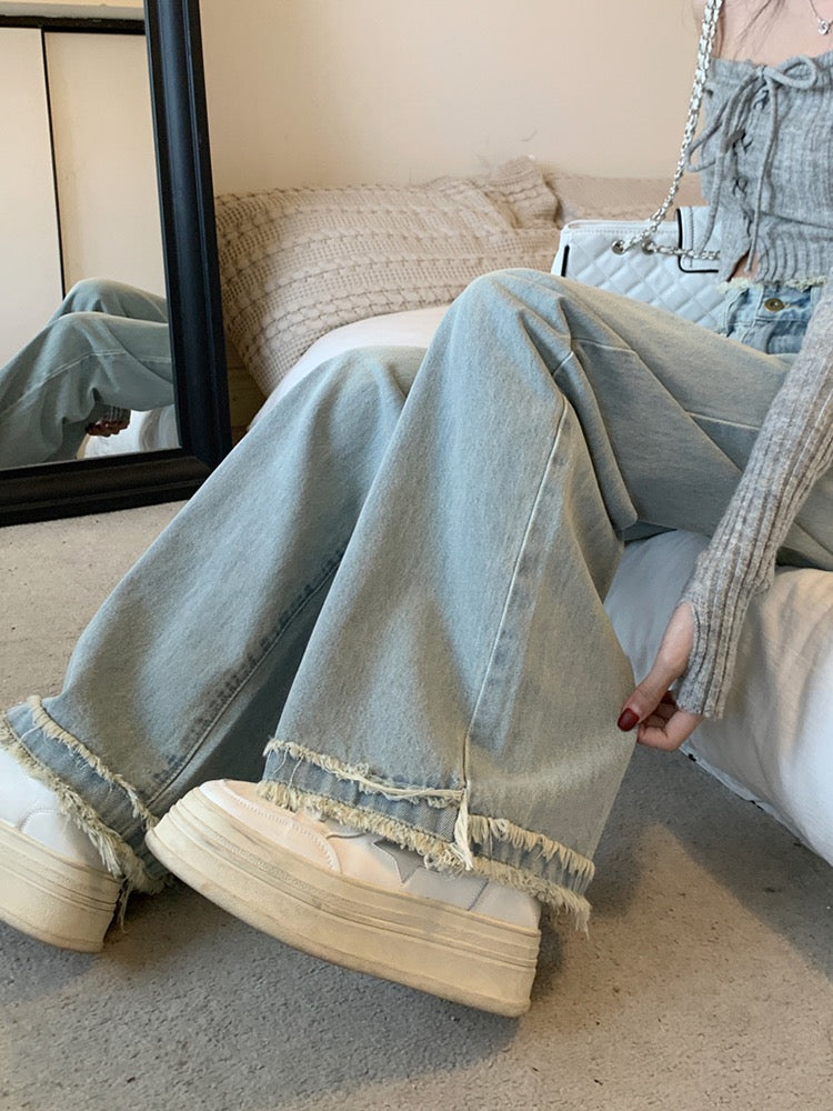 High waist loose all-match raw-edge jeans summer women's straight-leg mopping pants washed blue wide-leg pants slim pants