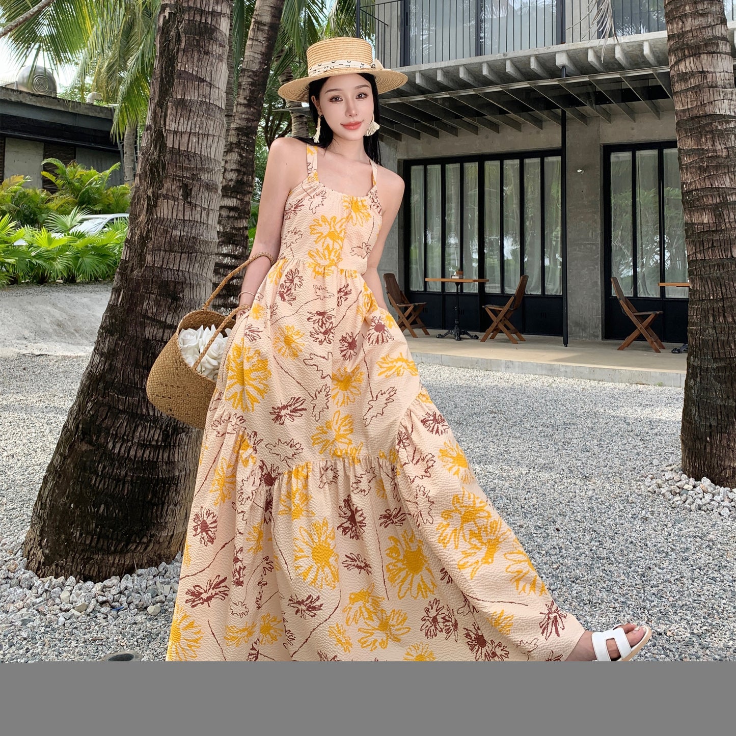 Printed backless bowknot floral chiffon dress female summer seaside vacation suspender skirt long section big skirt