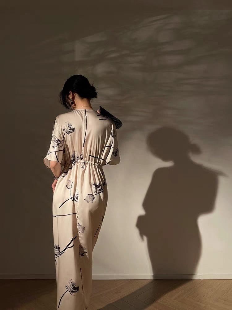 Aconiconi|Rose Lover Ink Print Imitation Acetic Acid Slim Waist Slim High Niche Design Dress
