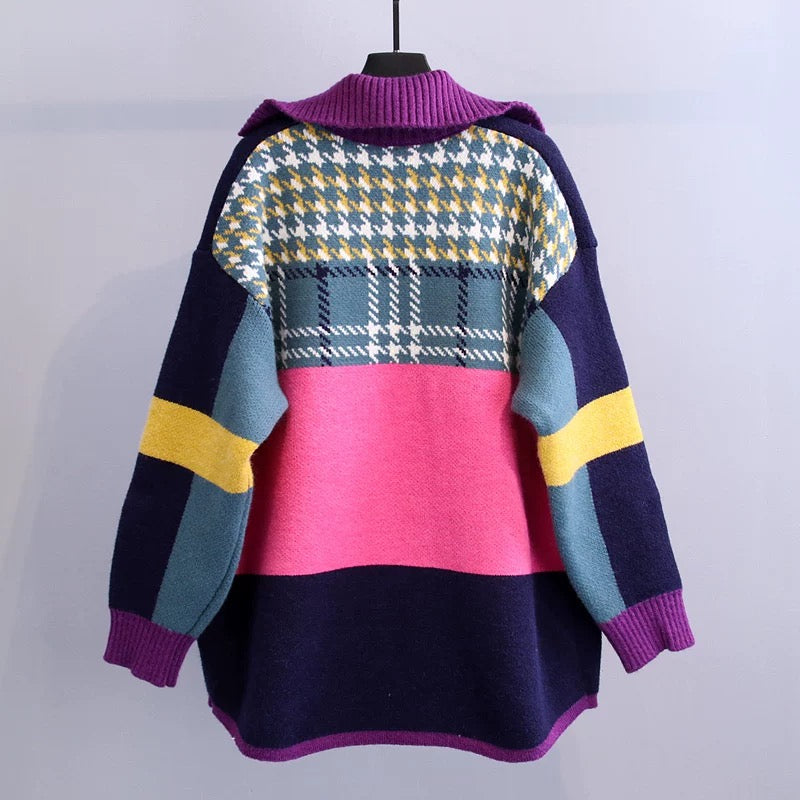 Contrast color stitching sweater coat women's 2022 autumn new loose outer wear fashion lazy style thickened knitted cardigan