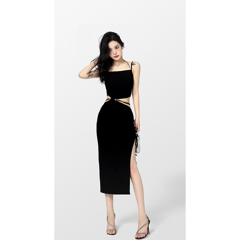 Aunt Barbie Spice Girls Halter Neck Sling Dress Female Early Spring New Hollow Chain Design Slit Long Dress