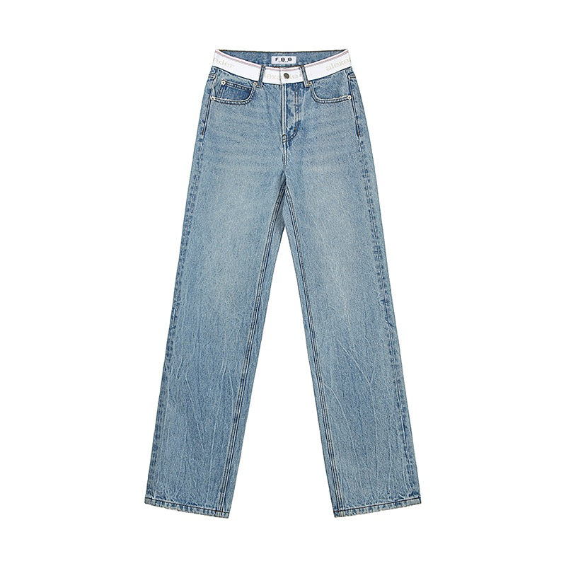 FBB limit early spring new blue casual straight jeans waist stitching fashionable all-match trousers women