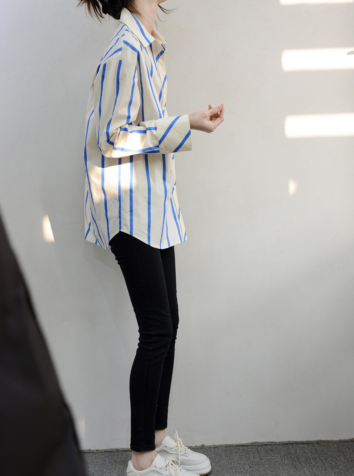 TRR tone neutral cool wind blue vertical stripes loose long-sleeved shirt women's lazy feeling top shirt pure cotton