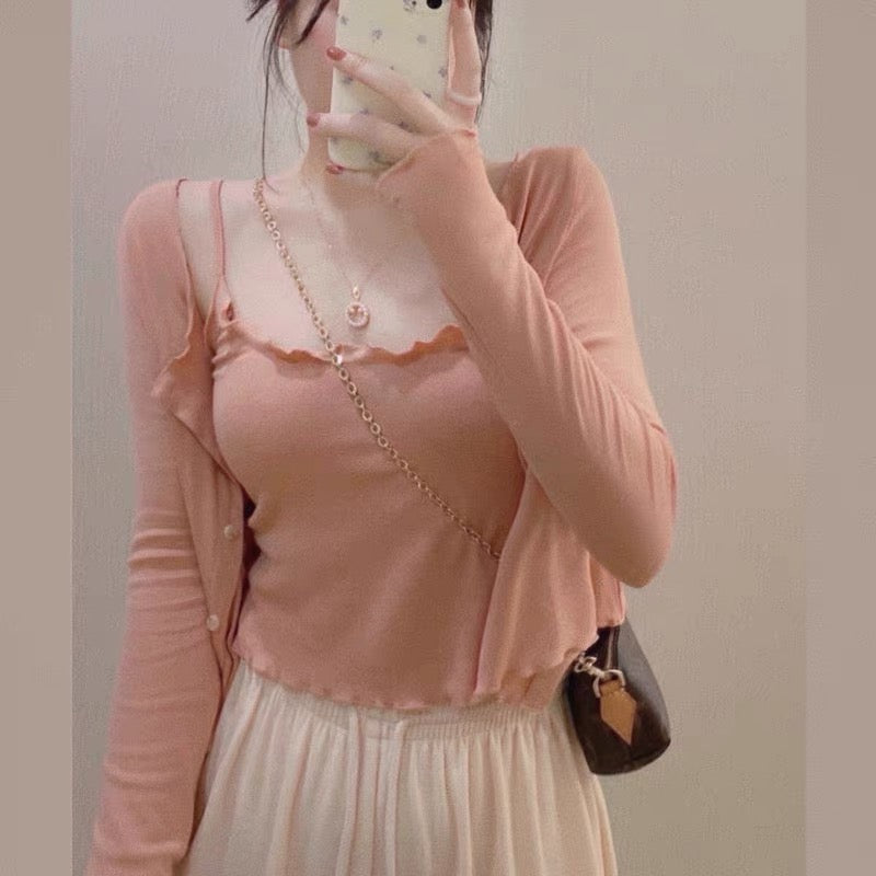 "Mushroom Ai Bai MoMoWoAi" Soft Touch ~ Spring and Summer Gentle Sunscreen Air Conditioning Sling + Cardigan Two-piece Set