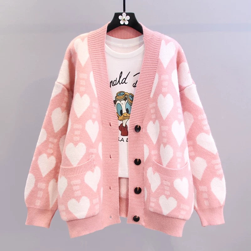 Soft milk blue love sweater jacket women's autumn and winter 2022 new Japanese style lazy style loose age-reducing knitted cardigan