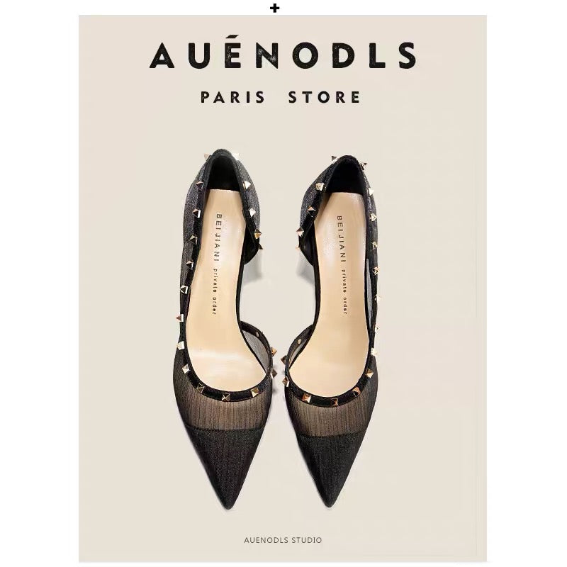 AUENODLS black mesh pointed side high heels single shoes French breathable rivet stiletto toe sandals women