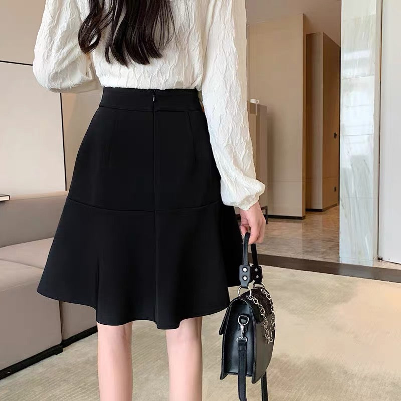 Skirt women's new umbrella skirt black suit short skirt small man mid-length skirt covering belly a-line skirt large size French style