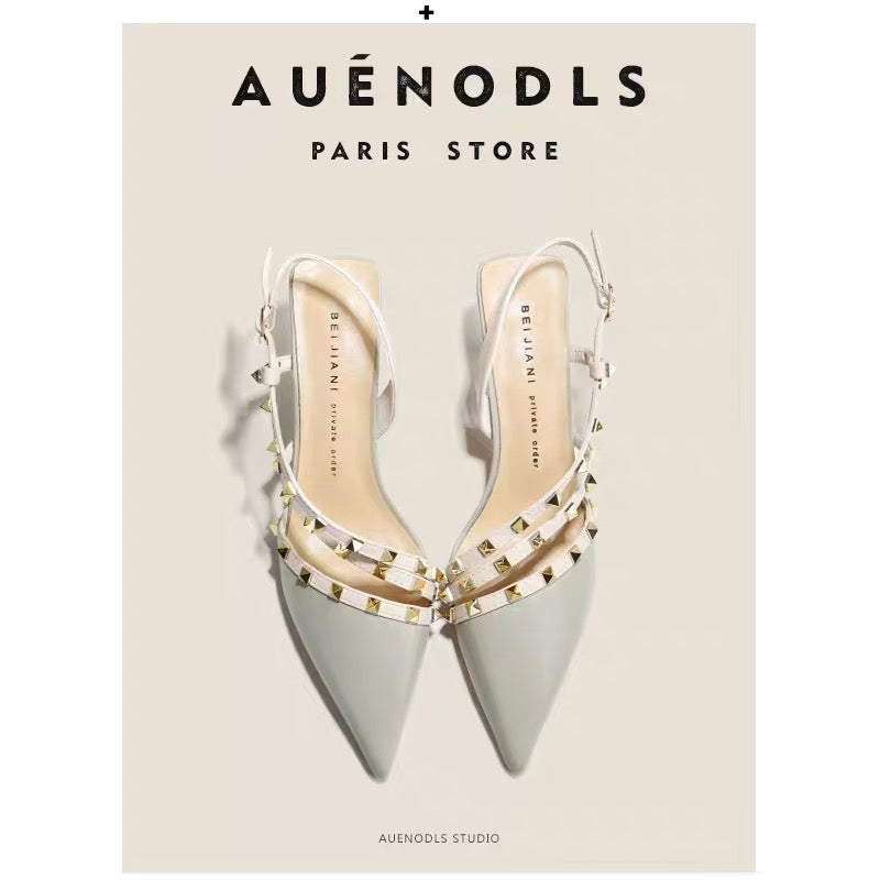 AUENODLS leather light green back empty strap rivet high-heeled shoes French word with pointed toe stiletto sandals women