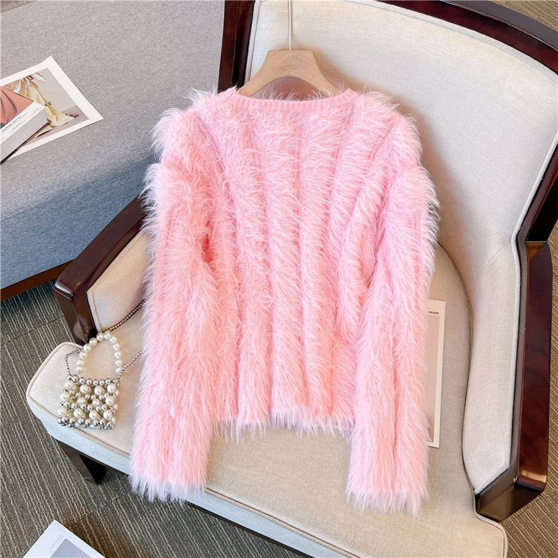 2022 autumn and winter new thickened gentle wind imitation mink hair pullover showing thin temperament knitted sweater soft waxy sweater women's top